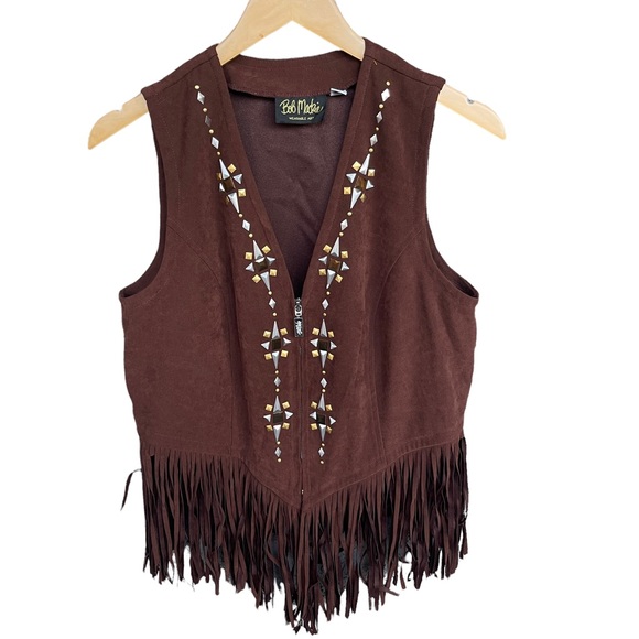 Bob Mackie Jackets & Blazers - Bob Mackie's Brown Zip Front Fringe Festival Vest w/ Stud Detail Size M